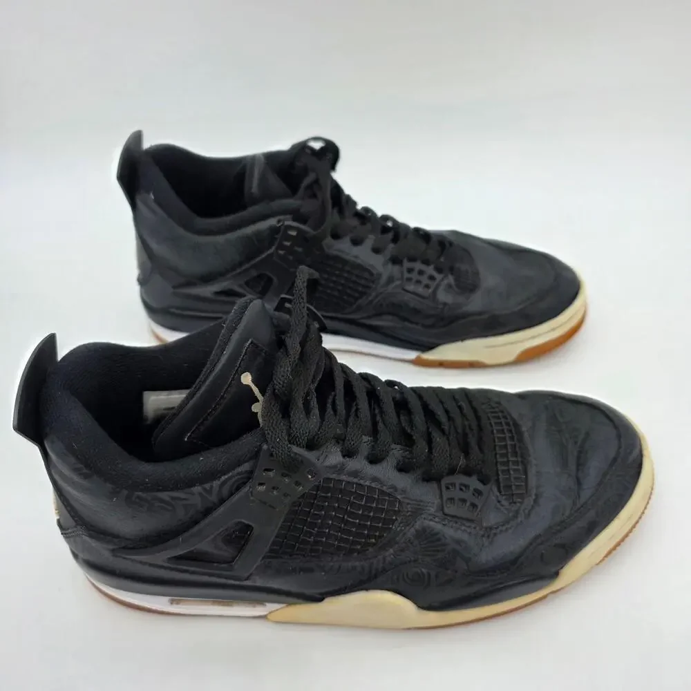 Jordan Air Jordan 4 Retro Shoes Mens 9.5 Black Leather Laser Lace Up Sneakers